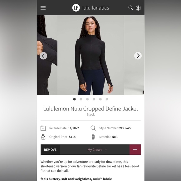 255. Lululemon Nulu Cropped Define Jacket in Black - Picture 5 of 6